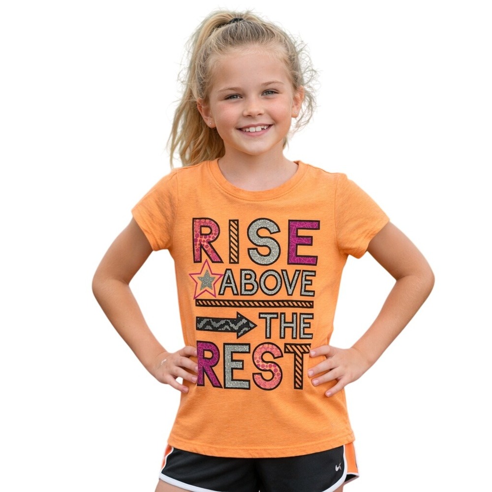 Danskin Now Graphic Tee Kids M 7/8 Orange Rise Above The Rest Dri-More Shirt